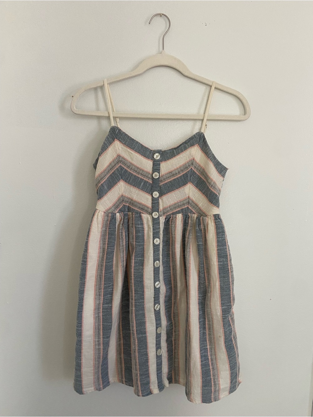 Altar’d State Cream and Blue Striped Button-Front Sun Dress Small